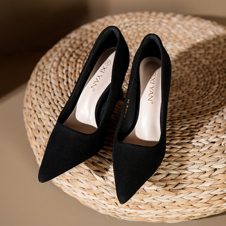 学生礼仪绒面尖头粗跟职业高跟鞋女黑色工作中 关注优先发-绒面5厘米