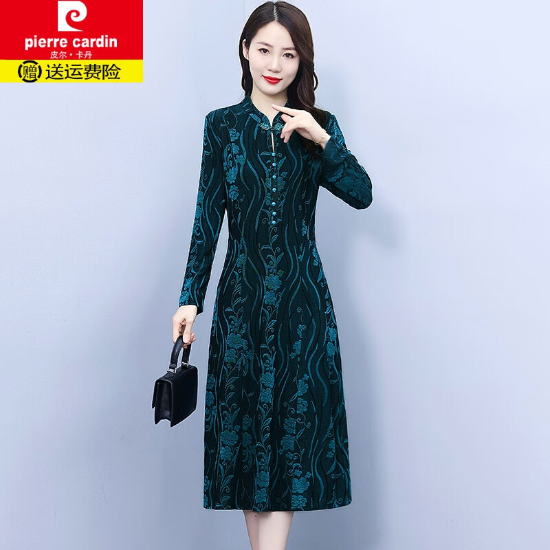 皮尔卡丹（pierre cardin）长袖改良旗袍连衣裙女秋冬2023年新款中年妈洋气高贵阔太太裙子 绿色宽松款 3XL怎么样,好用不?