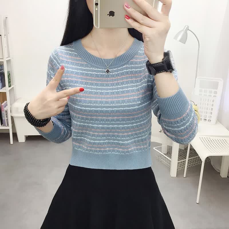 俞兆林（YUZHAOLIN）秋冬T恤女针织衫女时尚春秋冬长袖条纹女士毛衣小个子上衣小衫 蓝色 L （105-120斤）
