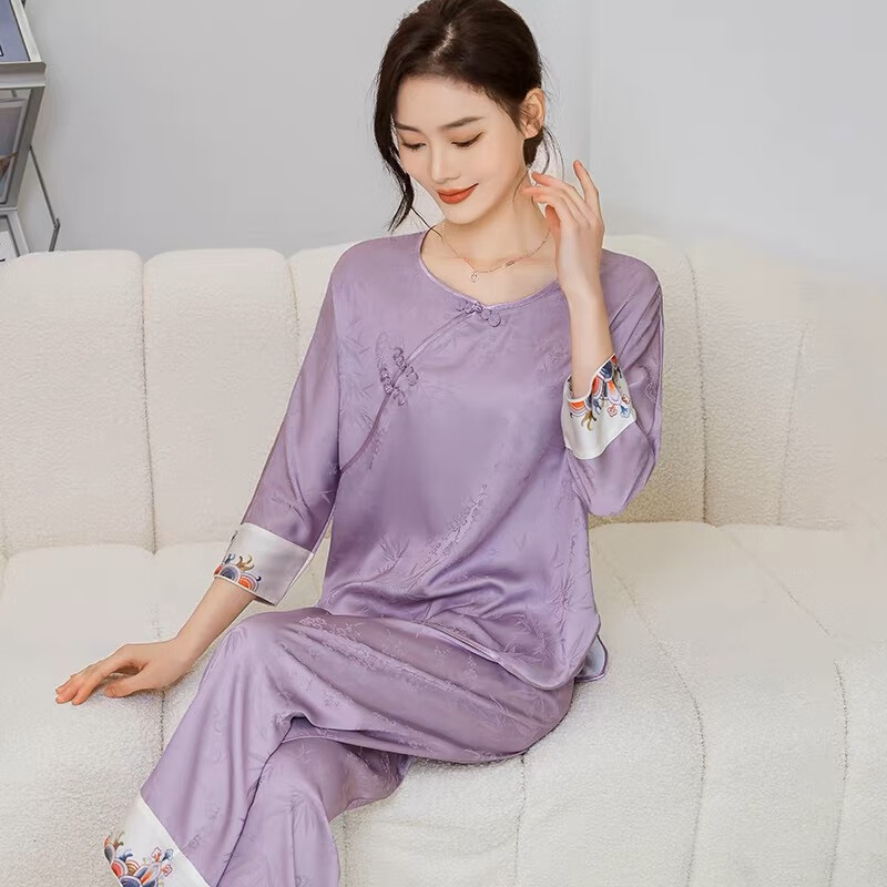 JTTCAC新中式真丝睡衣女春秋款国风睡衣套装春秋季女款真丝高级感家居服 浪花如雪紫色 L（建议100-120斤）