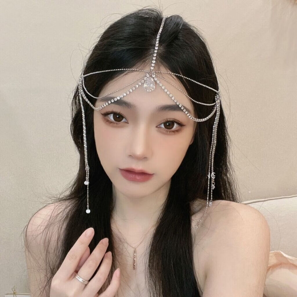 仙女水晶眉心坠精灵异域风情发饰 古风汉服流苏面帘婚纱额饰头链 银色