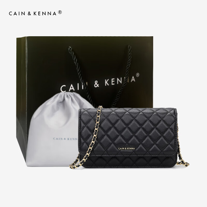 Cain Kenna CK1-81130女包真皮斜挎包小包菱格单肩头层牛皮包包女友新年礼物 黑色