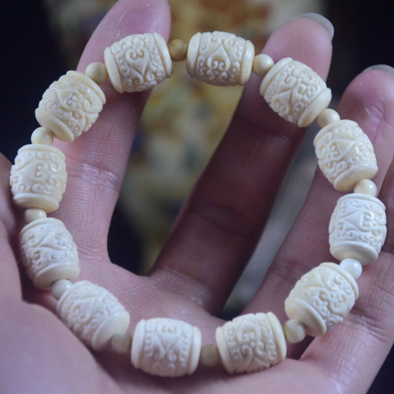 淘吻 猛犸象牙制品精雕刻回纹珠手串 文玩手链桶珠把玩包浆 1.3x1.