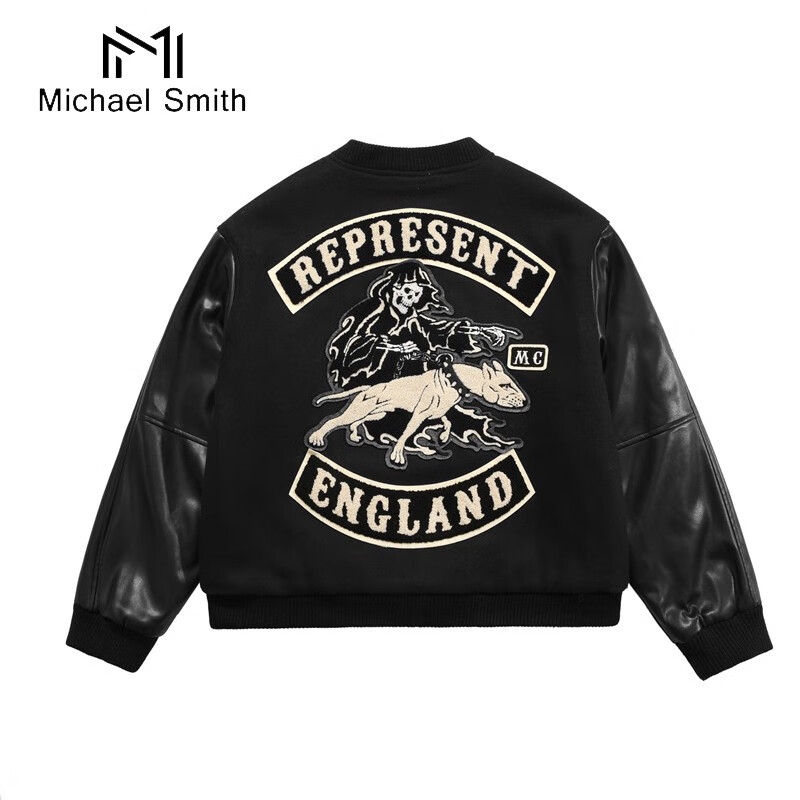 michael smith秋冬新款潮牌恶犬刺绣拼接皮袖棒球服欧美风时尚夹克