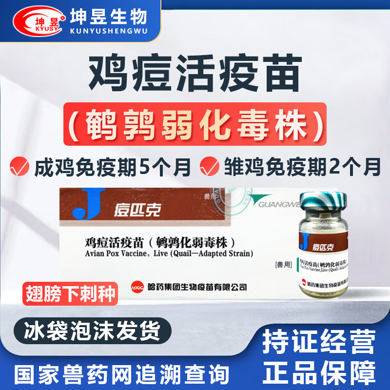 坤昱(kyusy)哈药 痘匹克鸡痘活疫苗(鹌鹑弱化毒株)刺种翅膀下预防鸡痘