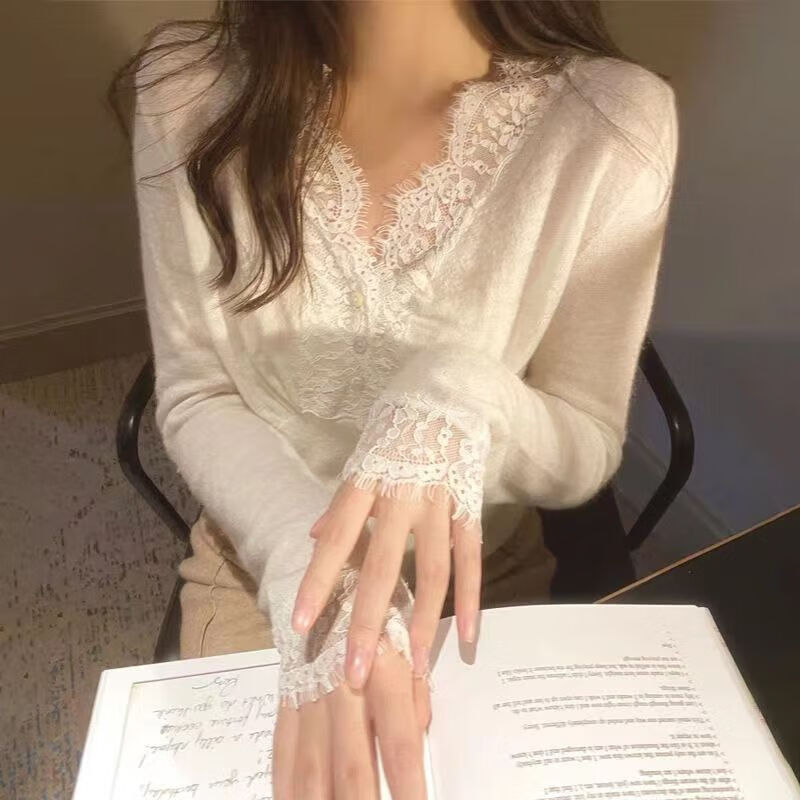 长袖气质开衫内搭上衣 别致蕾丝开衫-奶杏色 现货好质 s 建议75-90斤