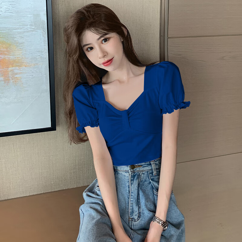 记忆点露腰上衣泡泡袖学生克莱因蓝露脐短袖t恤女夏季