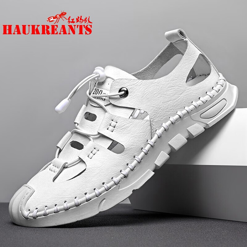 汉克红蚂蚁真牛皮凉鞋男士夏季镂空百搭休闲沙滩鞋子男洞洞鞋罗马凉鞋