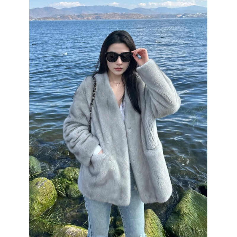 ANNA ETTER真爱貂 进口水貂天鹅绒整貂年轻V领貂皮大衣女皮草外套2024秋冬 蓝宝石进口紫标天鹅绒短二级 L 适合120-140斤