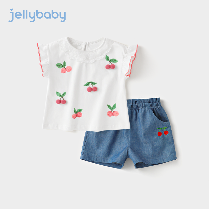 JELLYBABY女童套装2024夏季新款花边圆领立体樱桃装饰淑女 米白 110