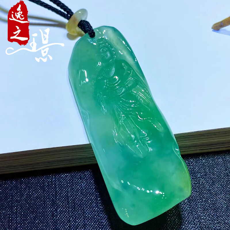 禧凤楼缅甸老坑a货翡翠玉石雕刻冰种晴绿自在观音翡翠吊坠