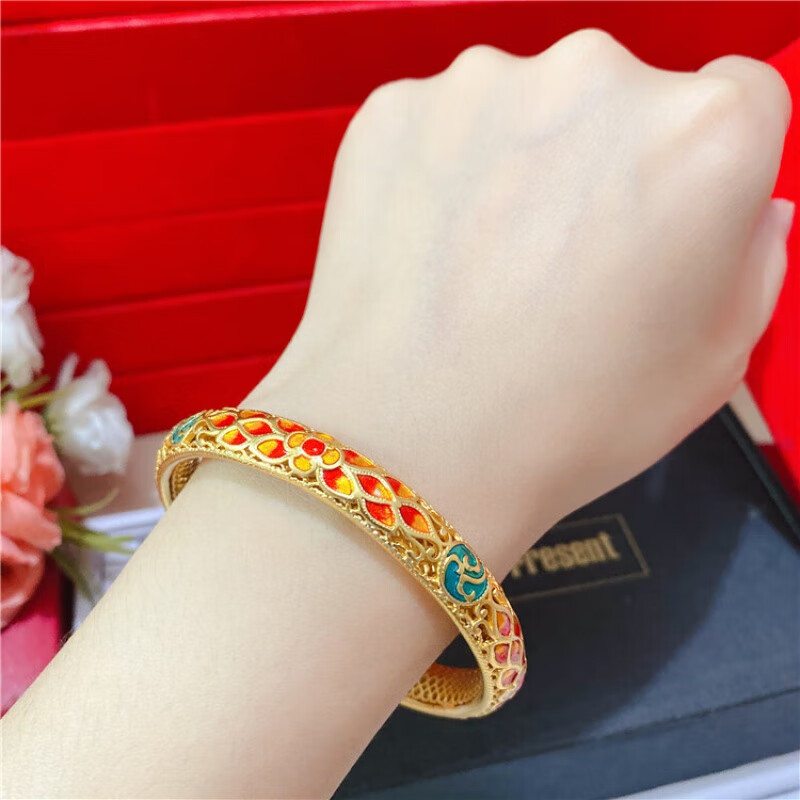 诗筠（SHIJUN）景泰蓝手镯老北京越南沙金镯子手工烧蓝花丝女空心珐琅彩镀金古法 明黄色