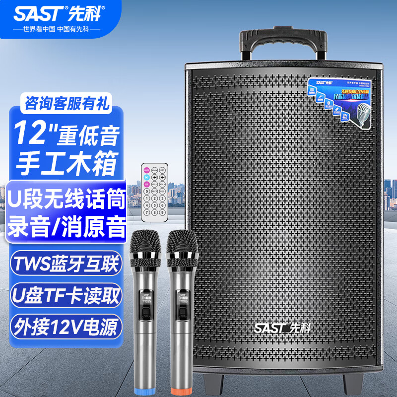 先科SA-122 12英寸广场舞音响户外大功率移动拉杆音箱无线蓝牙大音量K歌专用便携式配双话筒 长续航版