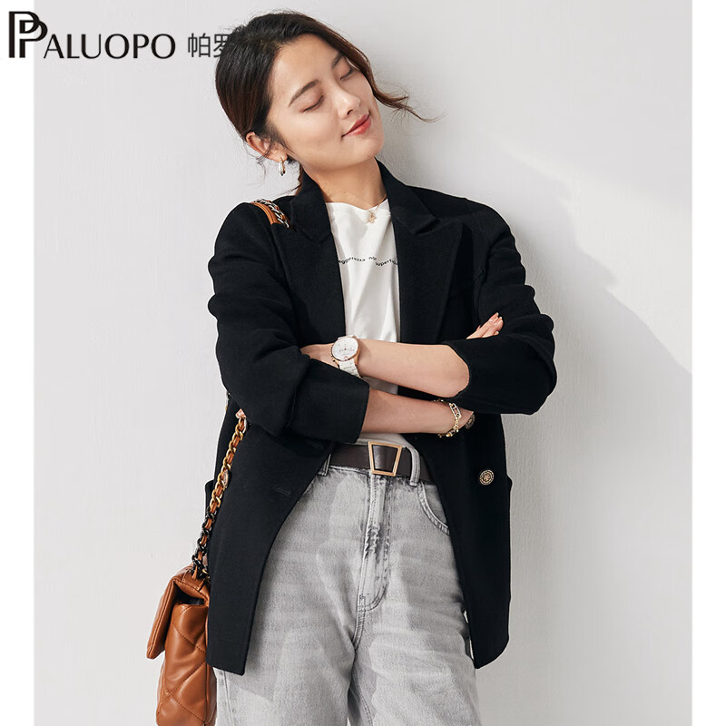 帕罗（PALUOPO）高端轻奢秋冬新款女毛呢大衣羊毛显瘦山羊绒短款小个子西装领外套 黑色 L 165/88A