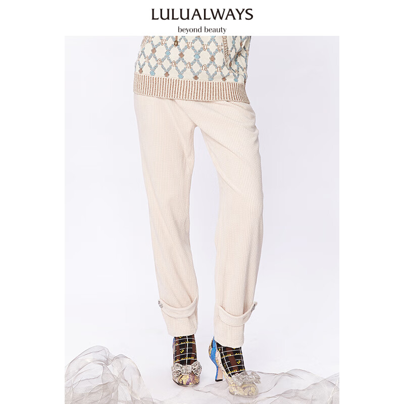 LULUALWAYS冬季简约 气质纯色宽松高腰休闲裤LMC3047 米色 S