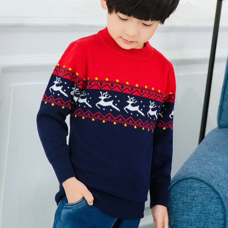 绒中羊童装男童毛衣套头双层加厚纯棉中大童线衣儿童针织衫秋冬款 双层加厚藏青横花 150 建议身高135-145cm
