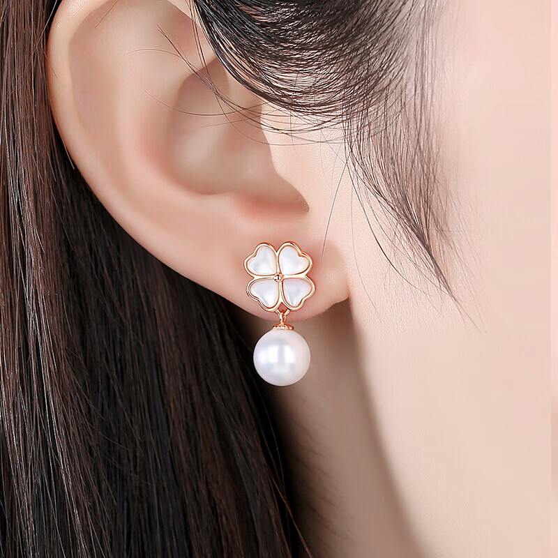 djin 珍珠四叶草银耳环女士耳钉长款耳坠耳饰品女生日礼物送女友老婆