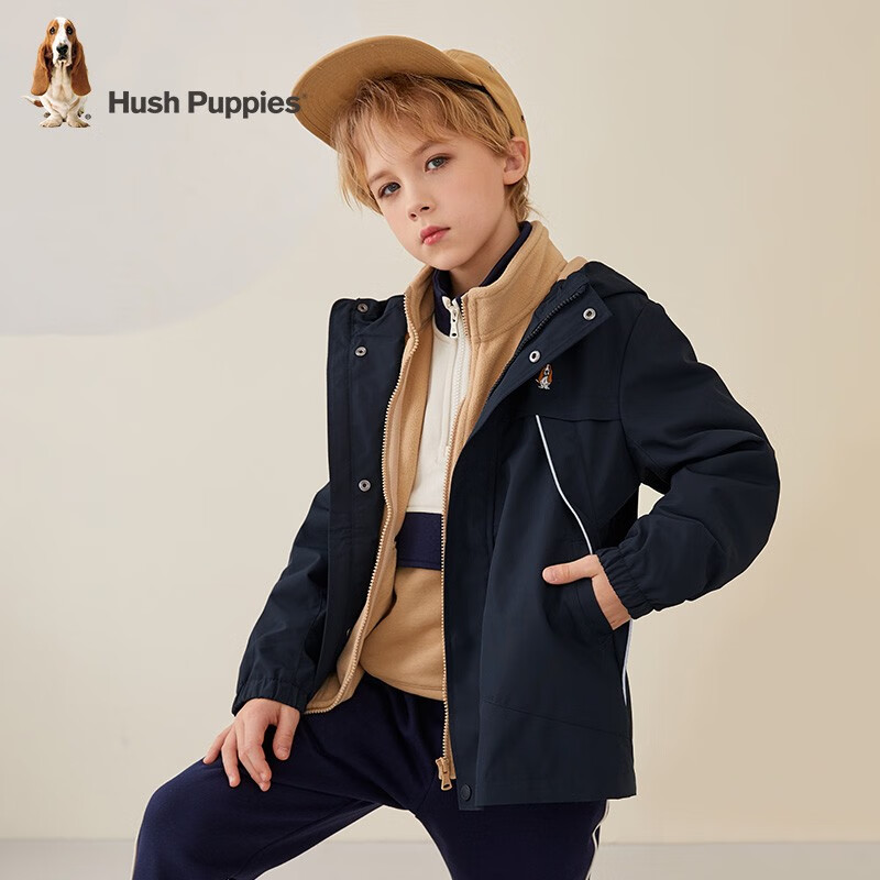 暇步士（Hush Puppies）童装儿童男女大童春秋保暖舒适三防休闲时尚可拆卸内里风衣 暖卡其 140