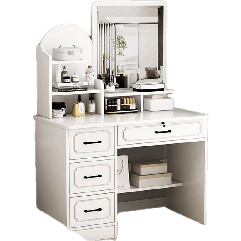 米昊 梳妆台卧室现代简约小户型网红多功能书桌储物柜一体化妆台桌子 【四抽方镜】暖白色80*40CM 组装