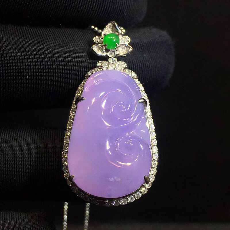 禧凤楼缅甸老坑a货翡翠冰种紫罗兰18k镶嵌翡翠如意吊坠女士 紫罗兰