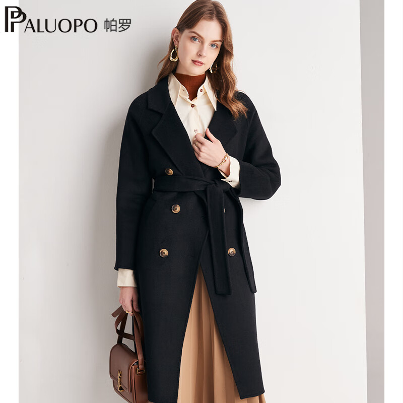 帕罗(PALUOPO)秋冬新款女装毛呢大衣时尚优雅翻领系腰带显瘦百女式羊毛外套 45%羊毛102 M 160/84A