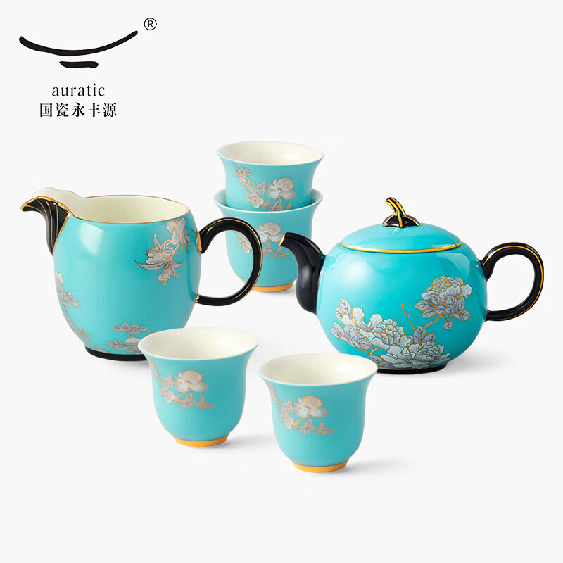 auratic国瓷永丰源 夫人瓷水墨牡丹 7头陶瓷茶壶杯茶具套装 （4人位）