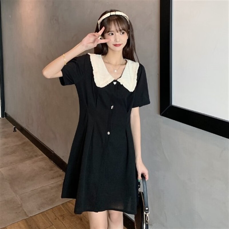 bicify微胖女孩夏天显瘦裙子学生大码胖mm娃娃领黑色连衣裙女夏季收腰