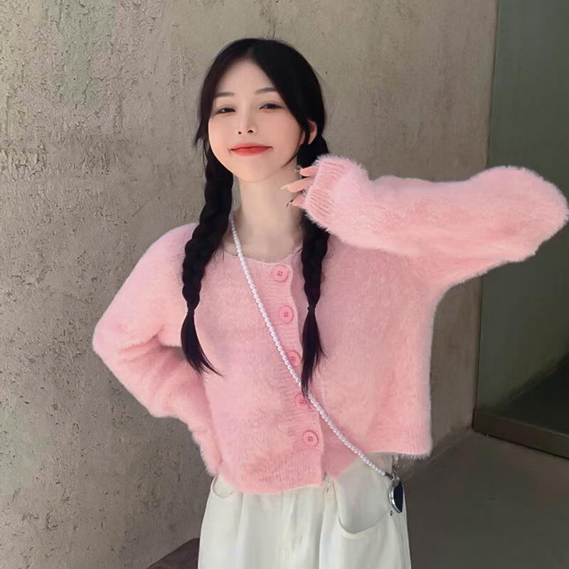 衫开衫女秋季粉色仿水绒毛衣外套女冬秋季新款温柔软奶风短款针织开衫