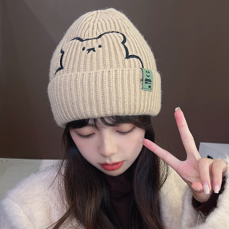 菲澜奴伦 帽子女冬毛线帽子小熊针织帽可爱秋冬季百搭时尚韩版潮保暖产后月子帽 卡其色 均码有弹力
