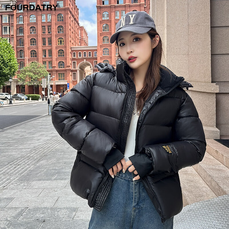 fourdatry三防黑金短款羽绒服女白鸭绒免洗亮面男情侣加厚宽松衣外套