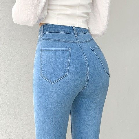弹力牛仔裤女小脚修身中腰牛仔裤女紧身小脚显瘦2024年 浅蓝色九分 25