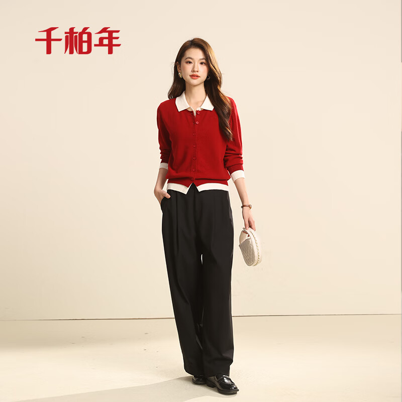 千柏年100%羊毛开衫衬衫领假两件宽松针织衫女式春季外穿秋冬柔软毛衣 石榴红 纯羊毛 M 80-115斤