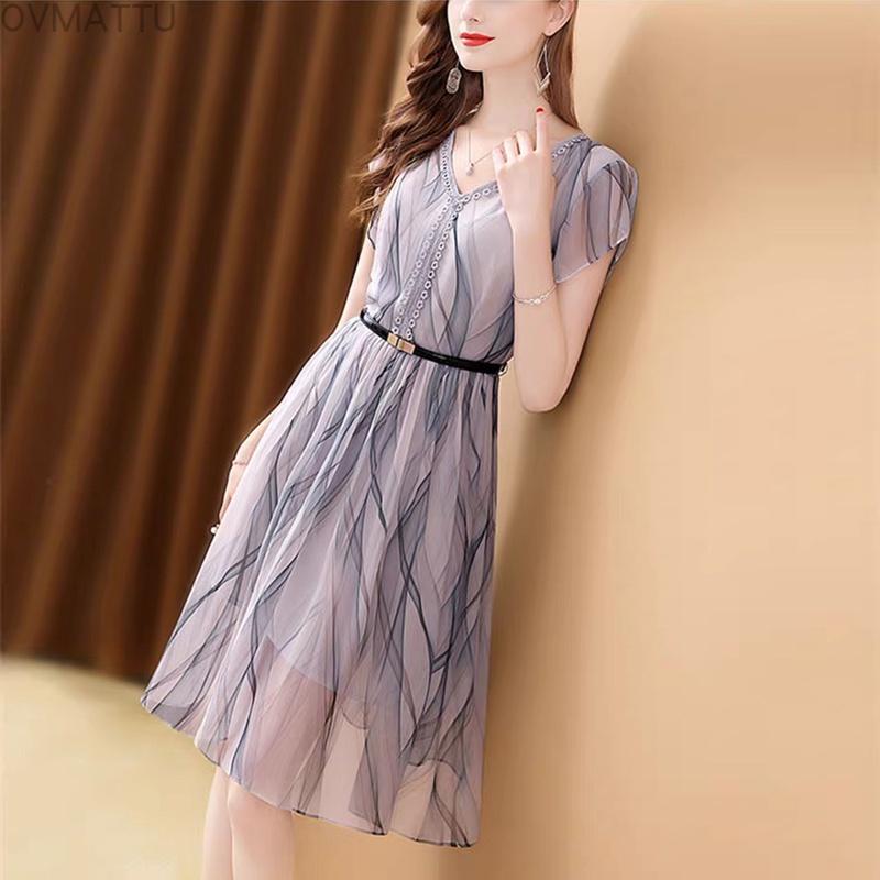 ovmattu品牌新品女装冰丝连衣裙2020夏季新款v领中长款收腰显瘦丝年轻