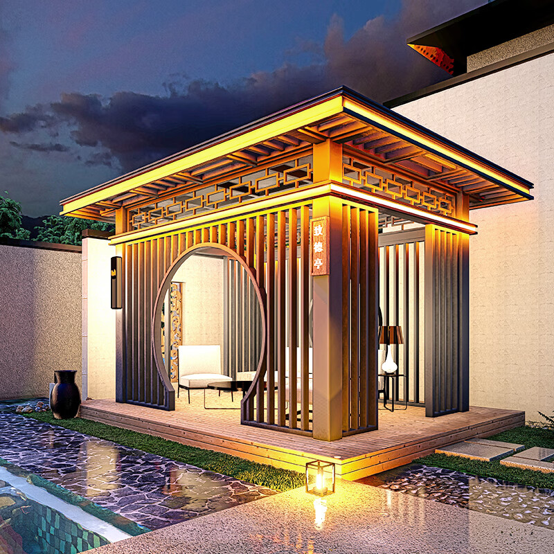 缦宛木别墅庭院遮阳凉亭 新中式凉亭铝合金豪华实木防腐木户外遮的 一