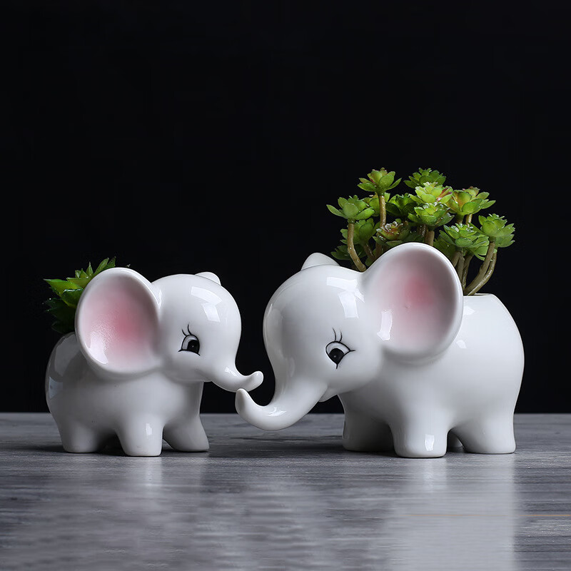 多肉花盆 白瓷陶瓷卡通迷你小动物绿植盆器桌面简约白色花盆大象 彩色大象一对（一大一小）