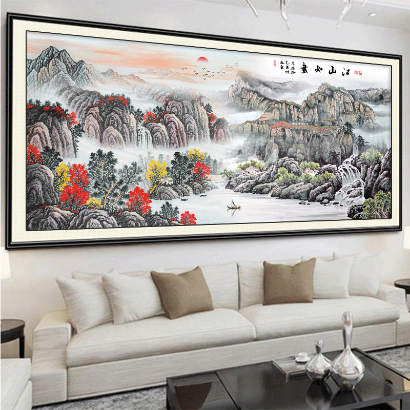 纯手工十字绣成品江山如画旭日东升客厅办公室风景山水画装饰挂画