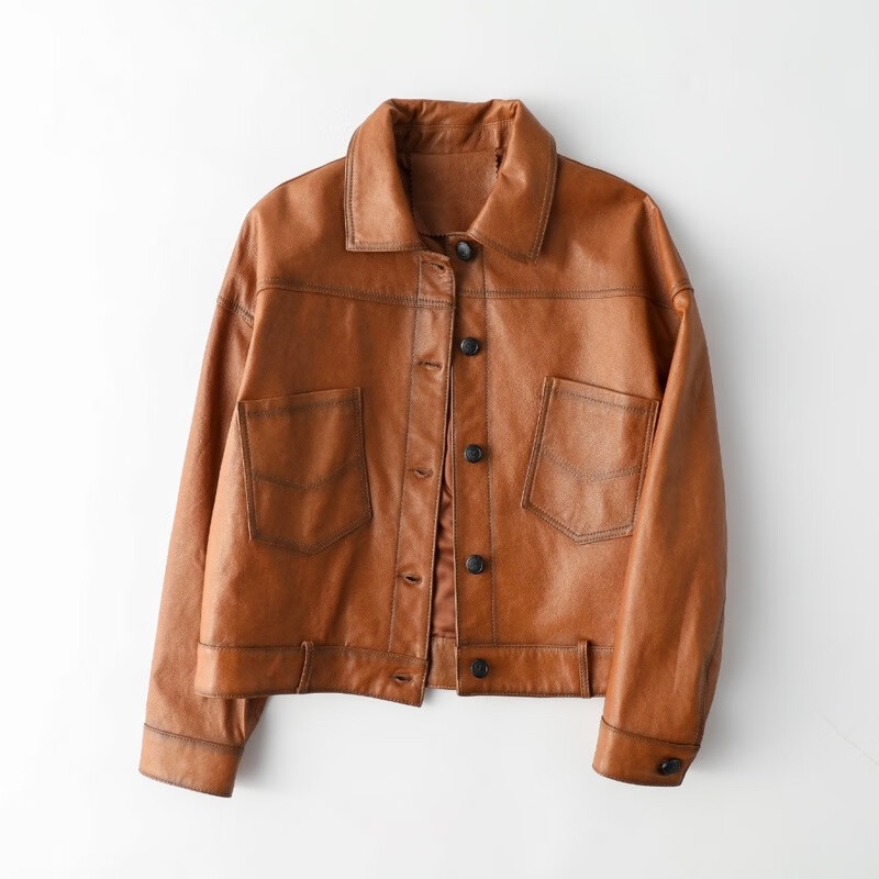 真皮皮衣外套女短款夹克秋冬新款廓版休闲口袋进口皮p9015 棕色 s