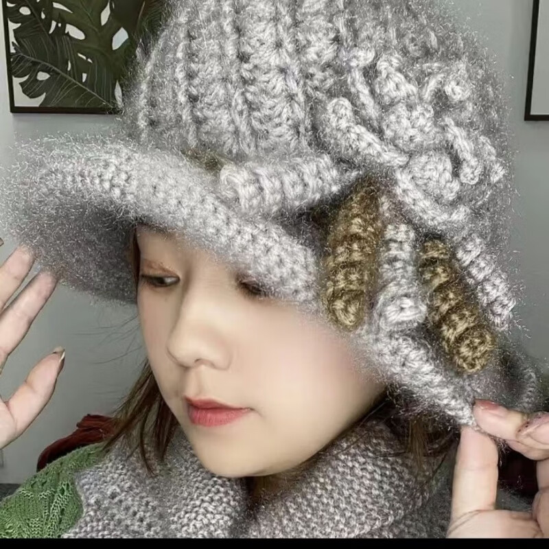 趣士多新款纯手工编织螺旋渔夫帽,百搭显瘦帽子春秋渔夫帽 浅灰 单帽