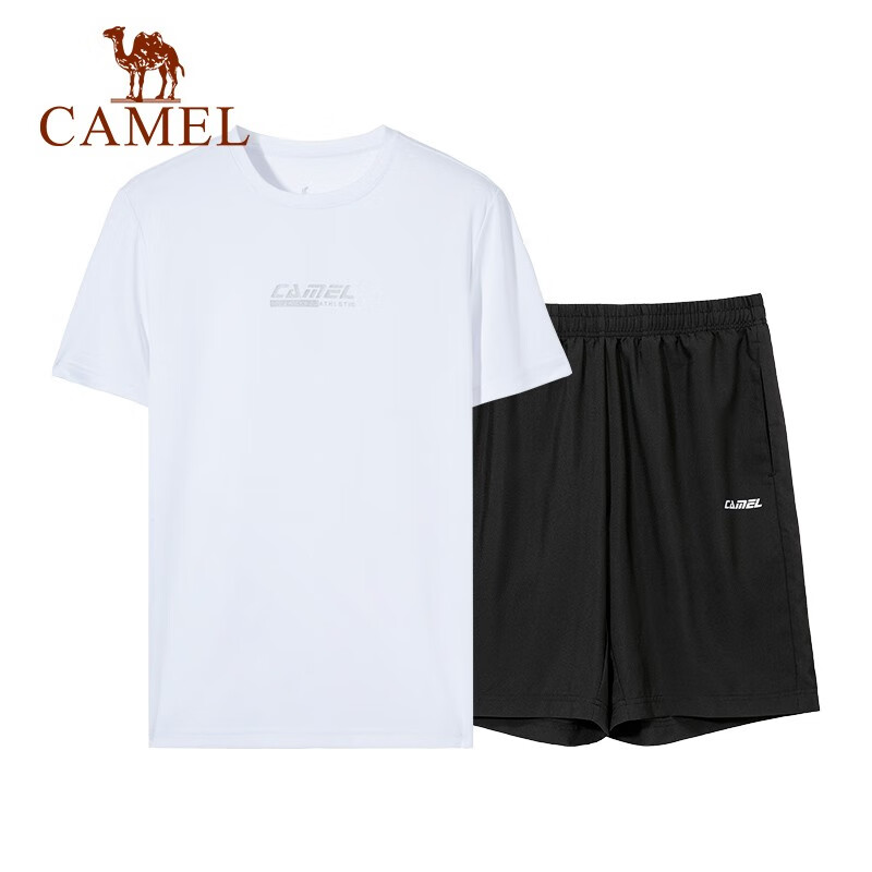 骆驼运动套装男 夏季宽松透气短袖短裤运动服跑步健身两件套 C0S2Q9901，白色 L