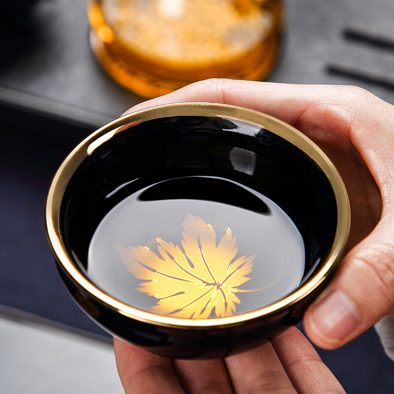 鎏金枫叶杯茶盏品茗杯单个主人杯茶杯建盏陶瓷功夫茶具单杯小茶碗