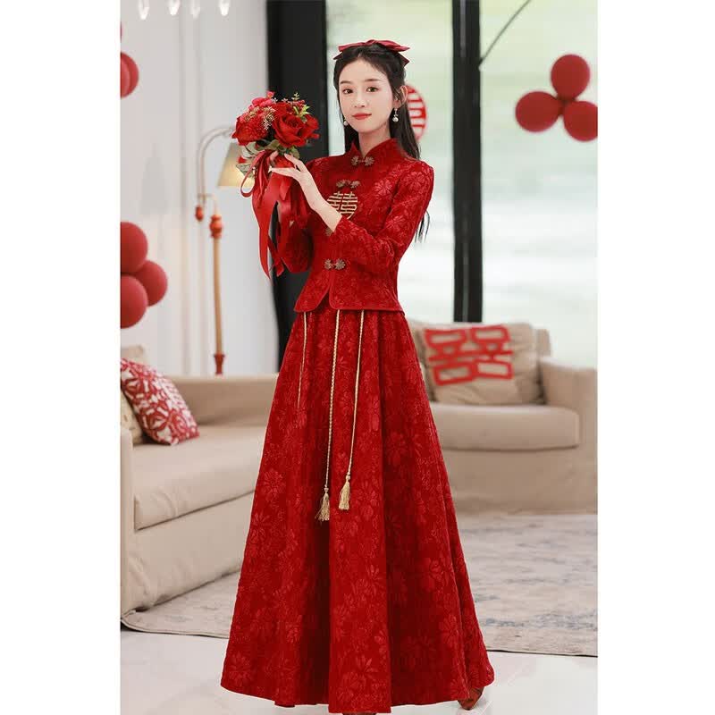 VKPI联名新中式敬酒服新娘酒红色旗袍改良简约秀禾服冬季长袖两件套结 酒红色长款 S (建议86-95斤)怎么样,好用不?