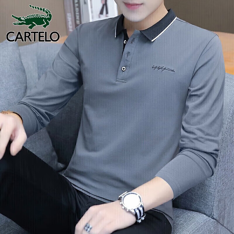 卡帝乐鳄鱼（CARTELO）长袖t恤男2022秋冬季韩版纯色翻领T恤男士潮流打底衫上衣男装 深灰色 4XL