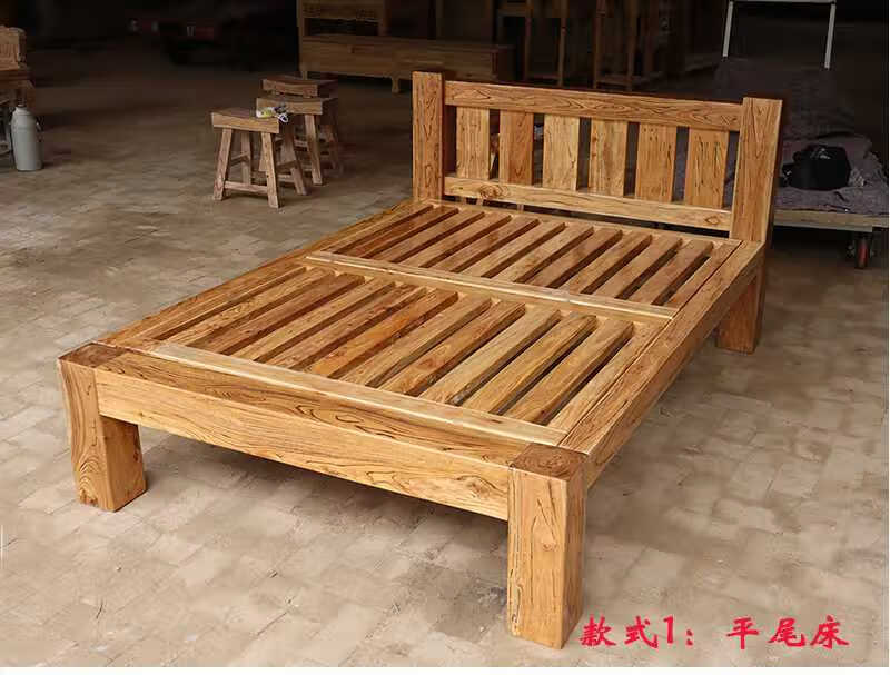 虞萌馨迪老榆木床纯实木原木床无床头老榆木实木床单双人床民俗酒店