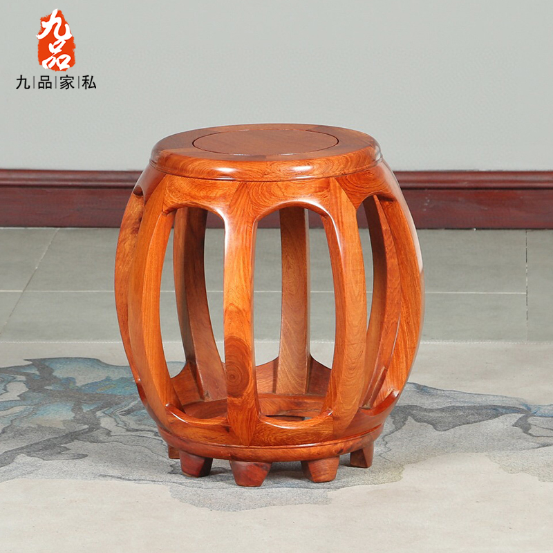 九品家私红木家具缅甸花梨(学名:大果紫檀)鼓凳八足圆鼓凳圆凳子中式