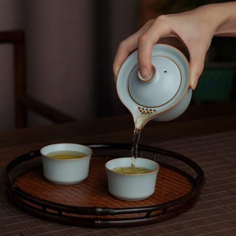 青澹汝窑整套茶具套装礼品茶杯礼盒装知己悠然茶组 知己悠然茶组(一壶两杯) 1件 天青色
