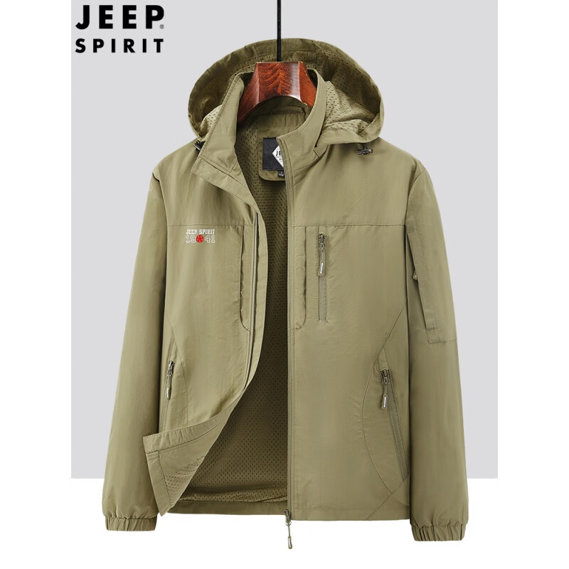 JEEP春秋季薄绒保暖棉服男士宽松休闲外套大码多口袋茄克上衣 深蓝色(6918A加绒款) 可拆帽子 L 建议120-135斤