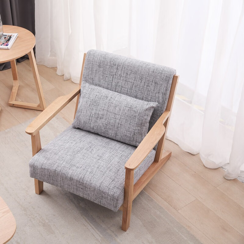 单人沙发北欧布艺实木小户型沙发椅简约客厅公寓办公室单双三人沙发组合 单人位（颜色请备注，默认发灰色） 原木色