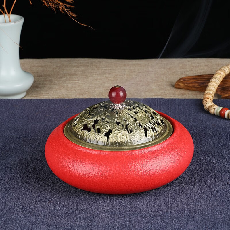 迦印堂 檀香炉熏香炉家用室内盘香炉 香薰炉沉香炉 中国红陶瓷烧蓝