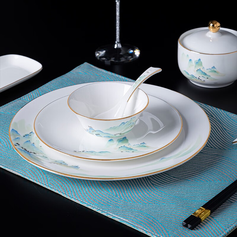 陶相惠 中式餐具套装酒店厨房碗盘套装豪华饭店包厢餐厅骨瓷碗千里江