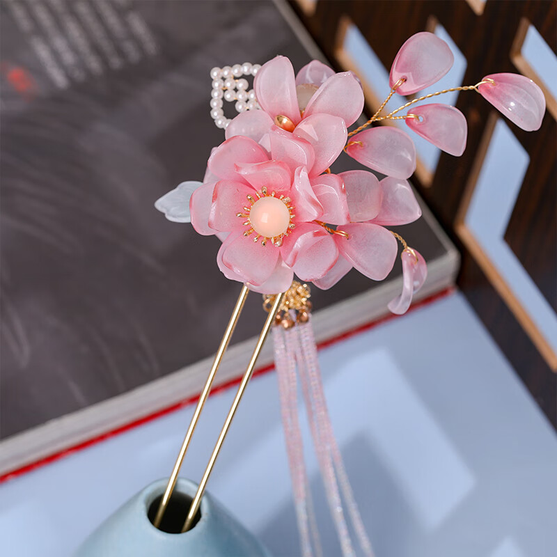 古风发钗仙气粉色花朵重工发钗古装步摇发饰原创手作头饰汉服簪子